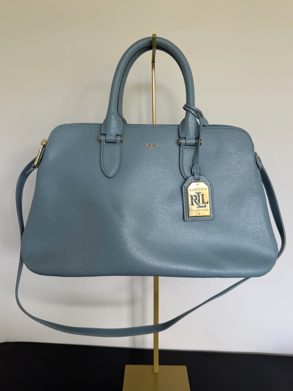 Lauren Ralph Lauren Newbury Light Blue Leather Double Zip Satchel Crossbody